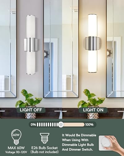 2-Light Chrome Bathroom Vanity Light Fixtures, Milk Glass Shades | 2-light modern bathroom wall sconces, vertical or horizontal mounting, E26 base, hardwired, bulbs not included, VL834-CH-ML - color: Chrome-Milk Glass