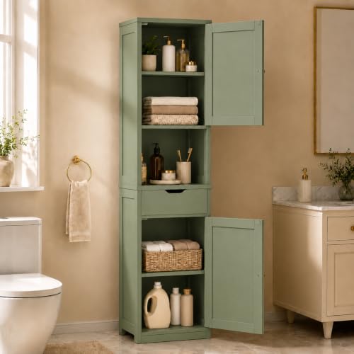 Walsunny Tall Bathroom Storage Cabinet with 6 Adjustable Shelves, Green | Anti-Tip Safety, Waterproof MDF, 2 Doors + 1 Drawer, Easy Assembly, for Bathroom/Living Room/Kitchen - color: Green, style: 1 drawer