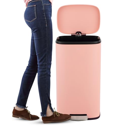 happimess Connor 2-Piece Iron Trash Can, Flamingo Pink | 13.2 And 1.3 Gallons, Rectangular, Soft-Close Lid, Step Pedal, 20 Liners, 26" And 12" Height - color: Flamingo Pink
