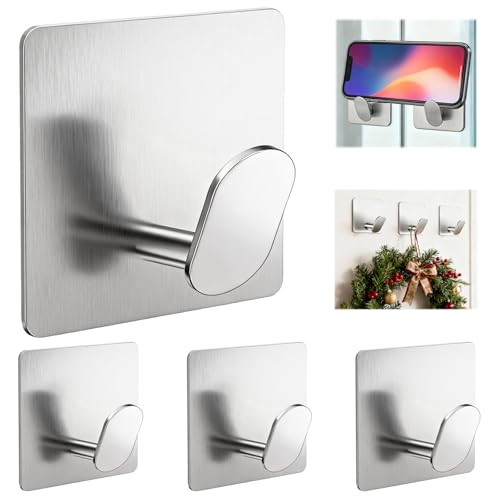 2"x 2" Adhesive Towel Hooks 4Pack Heavy Duty Wall Hooks 15lb Max | No Drilling Sticky Hanger for Bathroom Shower Kitchen RV Dorm Apartment, Waterproof Rustproof Stainless Steel Brushed Nickel - color: Sq- Brushed Nickel