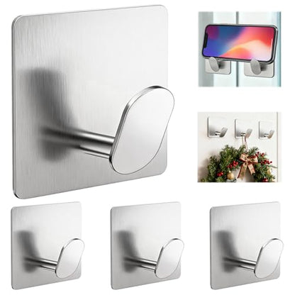 2"x 2" Adhesive Towel Hooks 4Pack Heavy Duty Wall Hooks 15lb Max | No Drilling Sticky Hanger for Bathroom Shower Kitchen RV Dorm Apartment, Waterproof Rustproof Stainless Steel Brushed Nickel - color: Sq- Brushed Nickel