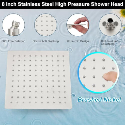 Midanya Shower Faucet Set with Handheld Sprayer,8 Inch,Brushed Nickel | Rough-in Shower Valve and Trim Kit Included,Square Rain Head,Wall Mount Shower System,All Metal,Bathroom - color: Nickel, size: 8 Inch