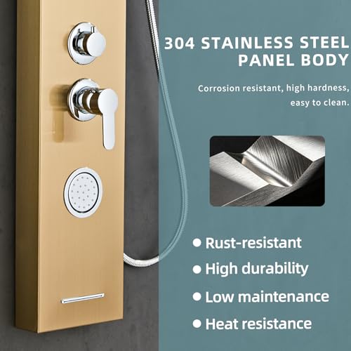 5-In-1Shower Panel Tower System-Brushed Gold | 304 stainless steel Shower Panel Column Tower With Powerful Body Jets,Body Spray,Rainfall,Waterfall,Handheld And Tub Spout - color: Gold
