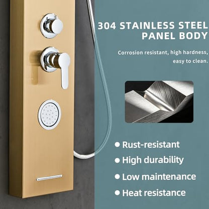 5-In-1Shower Panel Tower System-Brushed Gold | 304 stainless steel Shower Panel Column Tower With Powerful Body Jets,Body Spray,Rainfall,Waterfall,Handheld And Tub Spout - color: Gold