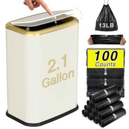 Bathroom Trash Can with Lid, 8L/2.1 Gallon Beige Trash Can Small Garbage Can with Press Top Lid Slim Stainless Steel Garbage Can with 100 Counts Trash Bags for Bathroom Bedroom Kitchen Office Toilet - color: Beige, size: Press-Top Trash Can
