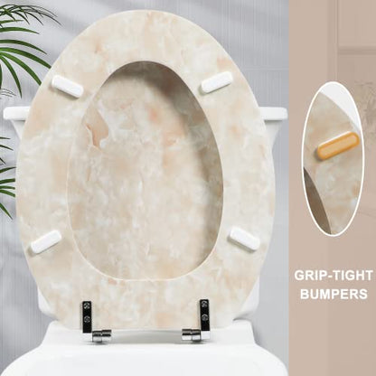 Elongated Toilet Seat Natural Wood Toilet Seat with Zinc Alloy Hinges, Easy to Install also Easy to Clean, Anti-pinch Marble Toilet Seat by Angol Shiold (Elongated, Beige Pink) - color: Beige Pink, size: Elongated-18.5”