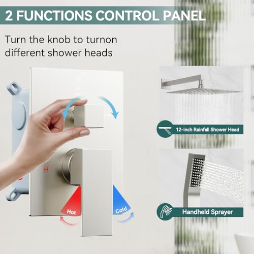 STARBATH Shower Faucet Set Shower System with Diverter Valve Brushed Nickel | 12" Wall Mount Rain Shower Head and Handheld Spray for Two Person, Shower Set with Valve and Trim Kit Complete - color: Brushed Nickel, size: 12"-01