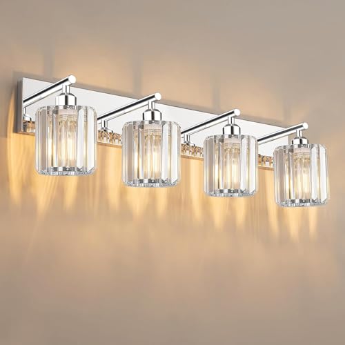 Brushed Chrome Crystal Bathroom Vanity Light, 4-Light Modern Bathroom Lighting Fixtures Over Mirror,Chrome Wall Sconce Light Fixtures with Round Shade - color: Chrome-Round Shade, size: 4-LIGHT