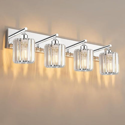 Brushed Chrome Crystal Bathroom Vanity Light, 4-Light Modern Bathroom Lighting Fixtures Over Mirror,Chrome Wall Sconce Light Fixtures with Round Shade - color: Chrome-Round Shade, size: 4-LIGHT