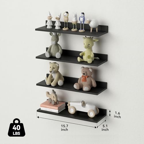 Floating Shelves, Wall Mounted Shelves for Room Decor, Modern Display Shelf for Bedroom, Sturdy Bathroom Storage Shelves, Book Shelves for Living Room, Black Small Corner Shelves, Set of 4