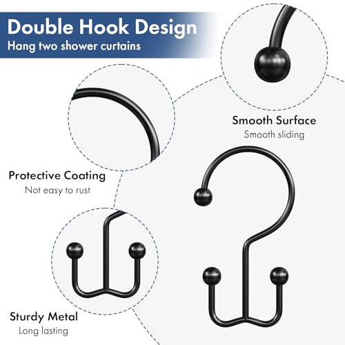 Bathway Shower Curtain Hooks Matte Black Shower Curtain Rings, 12 Pcs Double Hook Shower Curtain Hooks Rings Shower Curtain Hangers Rust Proof, Metal Shower Hooks for Bathroom Shower Curtain Rod - color: Matte Black, style: Minimalist