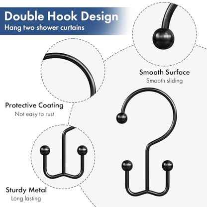 Bathway Shower Curtain Hooks Matte Black Shower Curtain Rings, 24 Pcs Double Hook Shower Curtain Hooks Rings Shower Curtain Hangers Rust Proof, Metal Shower Hooks for Bathroom Shower Curtain Rod - color: Matte Black-24pack, style: Minimalist