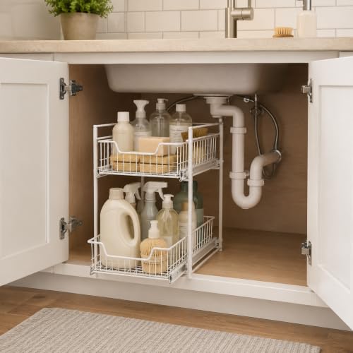 Juju 2-Tier Under Sink Organizer - Steel Wire Pull-Out Storage Rack for Kitchen and Bathroom Cabinets