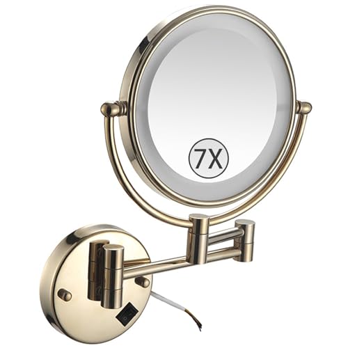 Wall Mounted Lighted Makeup Mirror, Hardwired 2-Sided Magnifying Vanity Mirror, Extended Arm 360 Rotation LED Cosmetic Mirror,Gold,7X - color: Gold, size: 7X