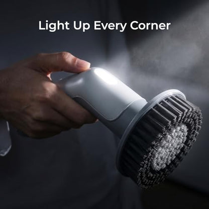 IPX8 Waterproof Electric Spin Scrubber with Built-in Light, Cordless Dual-Turbo Rotation Cleaning Brush, 2 Speeds & 7 Brush Heads Power Scrubber for Bathroom, Tile, Corners, Grout, Crevices