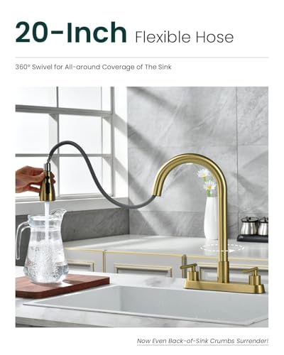 APPASO 2 Handles 4 Hole Kitchen Faucet with Pull Down Sprayer Brushed Gold | Gold Kitchen Faucets with Soap Dispenser, Modern High Arc Stainless Steel for 3 & 4 Hole Sinks, Spot Free, Easy to Install - color: 1-Brushed Gold