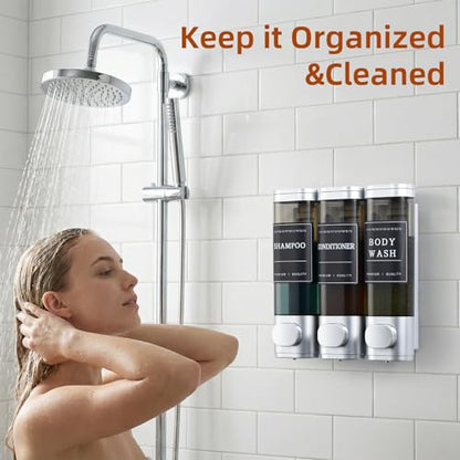 Shampoo and Conditioner Dispenser,Shower Soap Dispenser 3 Chamber No Drill Wall-Mounted for Bathroom & Hotel Leak-Proof Pumps, for Thick Liquids Like Conditioner - 1050ML High Capacity, Silver - color: Silver