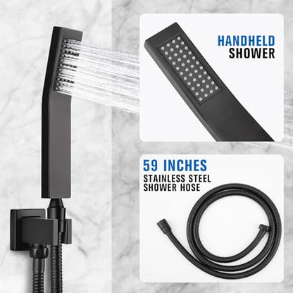 12 Inch Rainfall Shower System with Tub Spout Wall Mounted Complete Combo with Solid Brass Pressure Balancing Valve, High Pressure Shower Head, Handle Set & Installation Accessories Matte Black - color: Black