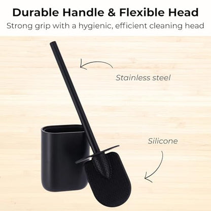 Oval Toilet Brush & Holder Set, Steel Handle, Japandi Decor, Compact, Black | Polyresin, Toilet cleaning, Daily hygiene, Guest bathroom, Small spaces, Hygienic Discreet Holder, Easy to Clean - color: Black