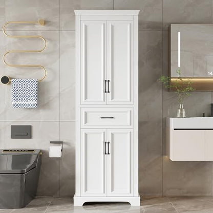 JIJIWANG 70.8" H Modern Wood Tall Bathroom Storage Cabinet, White Freestanding Linen Tower with Soft-Close Doors, Drawer, Adjustable Shelves, Anti-Tip Design, for Master Bathroom