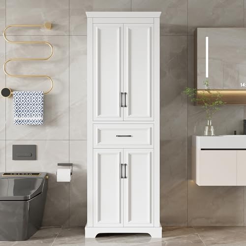 JIJIWANG 70.8" H Modern Wood Tall Bathroom Storage Cabinet, White Freestanding Linen Tower with Soft-Close Doors, Drawer, Adjustable Shelves, Anti-Tip Design, for Master Bathroom
