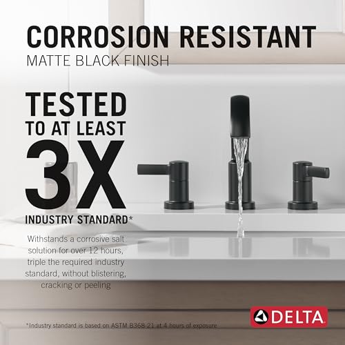 Delta Albion Matte Black Bathroom Faucet 3 Hole, 8 Inch Widespread Bathroom Sink Faucet for Vanity, Metal Push-Pop Drain Assembly, Matte Black 35855LF-BL - color: Matte Black