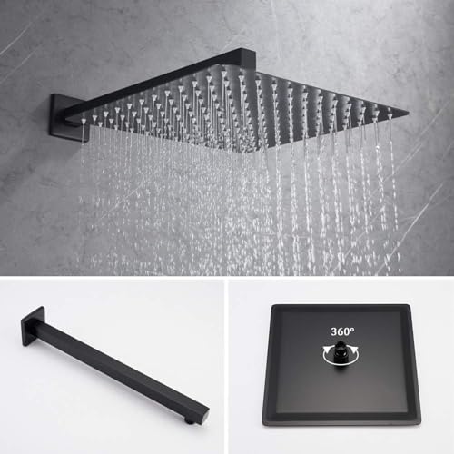 Iriber Mattle Black Square Rain Shower System with 4 PCS Body Jets 3 Function Shower Faucet Set Contain 12 Inch Shower Head and Handheld Wall Mounted Pressure Balance Shower Trim Kit (Valve Included) - color: Matte Black 03
