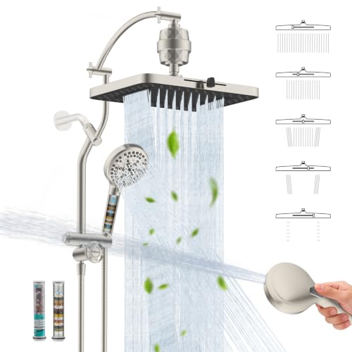Hibbent Dual-Filtered 13" Shower & 10-Mode Handheld Combo, Brushed Nickel | High Pressure 5-Spray Showerhead, 4-way Diverter, Heightened All Metal Extension Arm, 3 Filter Cartridges, Easy Reach - color: Brushed Nickel, style: Square 13" with 2 filter