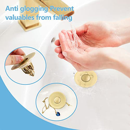 Gold Bathroom Sink Stopper – Pop Up Drain Stopper & Strainer, 2-in-1 Universal Sink Stopper, Compatible with 1.1" to 1.5" Bathroom Sink Drain Pipes, Gold Matte Brushed Finish - color: Gold Matte Brushed Finish
