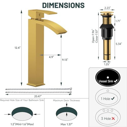 Brushed Gold Vessel Sink Faucet, Waterfall Bathroom Faucets | Brass, Tall Spout, Single Handle 1 Hole Bathroom Faucet, Modern Basin Taps with Supply Line, Pop Up Drain, Without Overflow - color: Brushed Gold, size: Tall