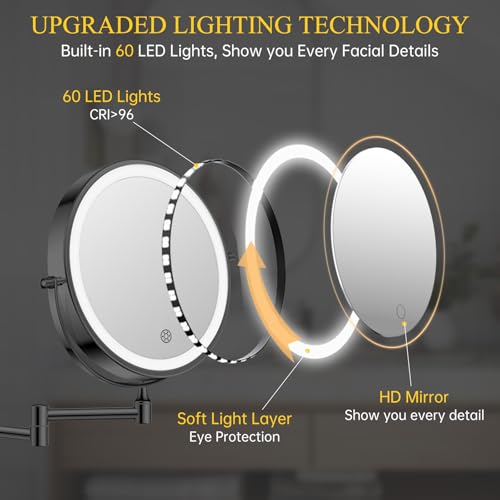 FUNTOUCH 5000mAh Rechargeable Wall Mounted Makeup Mirror with Lights 3X/20X | Double Sided Magnifying,3 Color Lights,Touch Dimmable, Extended Arm 360 Rotation Lighted Bathroom Mirror with Magnification - color: Metal Black