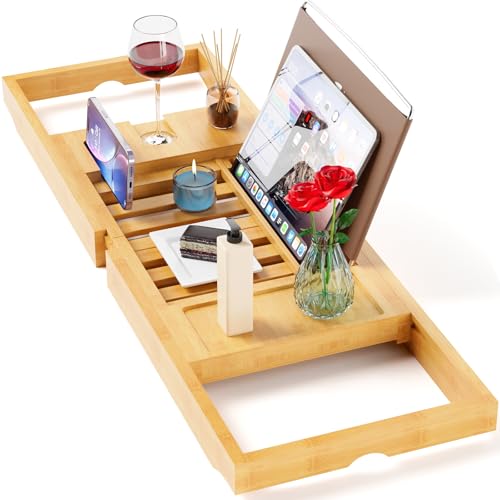 Premium Bathtub Tray Caddy, Expandable Bath Tray | Unique House Warming Gifts,Bamboo-New - color: Bamboo-new