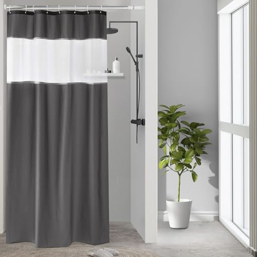 UFRIDAY Dark Gray Shower Curtain with White Mesh Window, Fabric Bathroom Shower Curtain with Weighted Bottom Hem, 48 x 72 inch, Waterproof - color: Dark Gray, size: 48"W x 72"L (Pack of 1)