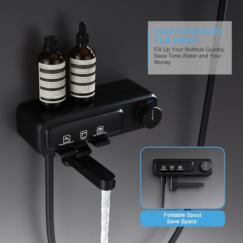 Rainfall Showerhead and Handle Set, 10" Bathroom Shower System, 3 Functions Wall Mounted Shower Faucet Complete Combo Solid Brass with Foldable Tub Spout Modern Bathtub Faucet Shower Trim Kit - color: Matte Black