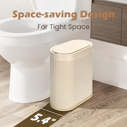 SYNCVIBE Bathroom Trash Can with Lid, 2 Gallon, Automatic Lid, Beige | Motion Sensor Garbage Can, 7.5 Liter Smart Trash Bin, IPX5 Waterproof Narrow Plastic Wastebasket for Bedroom and Office - color: Beige