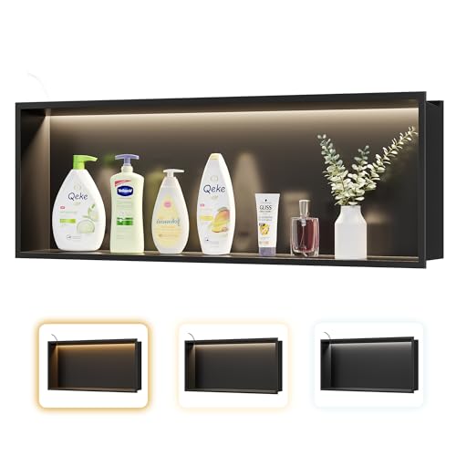 Qeke 36" X 12" Stainless Steel Shower Niche w/ 3 CCT Dimmable Light, Black | No Tile Needed Wall Niche, Recessed Niche w/ Light(3000K/4000K/6000K), IP66 Waterproof, Space Saving & Durable - color: Matte Black, size: 36" X 12"