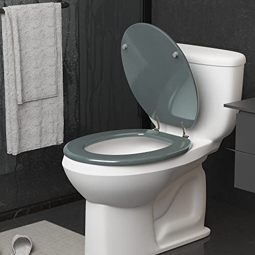 Round Toilet Seat Wood Toilet Seat Prevent Shifting with Zinc Alloy Hinges American Standard Size Toilet Seat Easy to Install also Easy to Clean(Round,Sparkling GentlemanGrey) - color: Gentleman Grey, size: Round