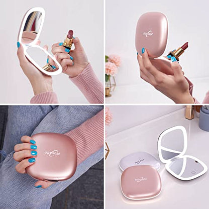 Mocado Compact LED Magnifying Travel Makeup-Mirror - 4 inches 1X/10X Magnification Small Hand Pocket Dimmable Double Sided USB Rechargeable Touch Screen, Portable Tabletop Cosmetic (Rose Gold) | Double Sides Lighted,3 Colors Lighting,0-100% Brightness, Di