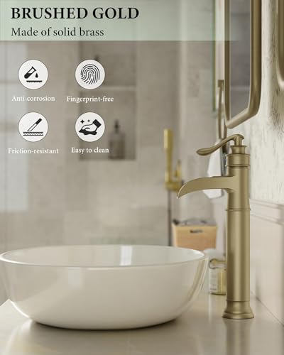 Homevacious Vessel Sink Faucet Brushed Gold Waterfall Tall Bathroom Faucet | Single Handle 1 Hole Bowl Sink Faucet with Pop Up Drain Assembly and Water Supply Hose Commercial Lavatory Mixer Tap - color: Brushed Gold