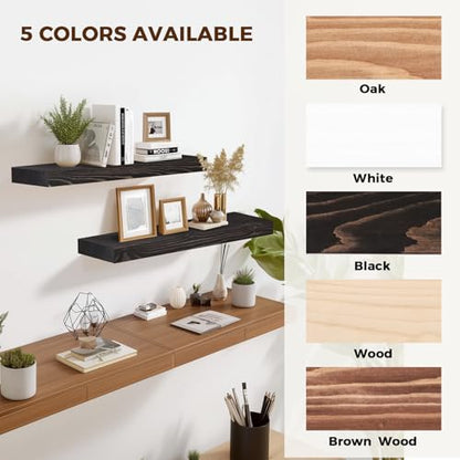 Solid Wood Floating Shelves, 24 Inch Wall Shelves, Set of 2, Black | 8 Inch Deep, 1.6 Inch Thick, Extra-Wide Display Space, Mounting Hardware Included, For Kitchen, Bathroom and Living Room - color: Black, size: 24x8x1.6
