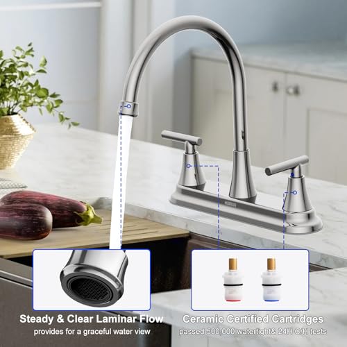 HURRAN 2 Handle Kitchen Sink Faucet, 8 Inch High Arc 360°Swivel Kitchen Sink Faucet, 3 Hole Kitchen Faucet Without Side Sprayer, Centerset RV Kitchen Faucet with Stainless Steel Pipe, Chrome - color: Chrome, style: Without Side Sprayer
