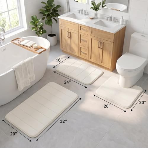 Bathroom Rugs Set 3 Piece, Memory Foam Bath Rugs, Non Slip Washable Bathroom Rug Set, Extra Soft Absorbent Bath Mats with U-Shaped Toilet Rug, White - color: White