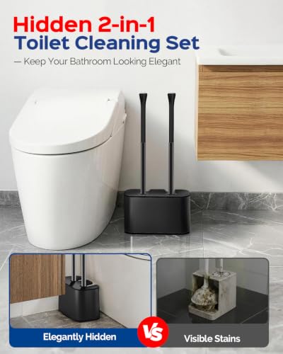 HAMITOR Toilet Bowl Brush and Plunger Set: 2-in-1 Hidden Holder Design | Deep Cleaning Curved Bristles, Stainless Steel, 22'' Long Handles, Modern Apartment Bathroom Accessories, Black, 1-Pack