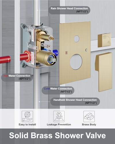 Aolemi Shower System with Rain Head and Handheld,8-Inch,Brushed Gold | High-Pressure Shower Faucet Set with Dual-Function Handheld,Rough-In Valve,1.8 GPM,Wall-Mount Trim Kit - color: Brushed Gold, size: 8 Inch