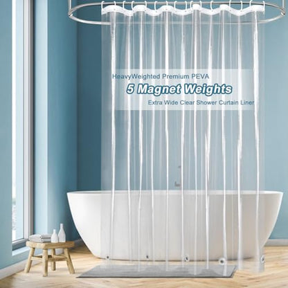 EurCross 96 inch Extra Wide Clear Shower Curtain Liner,Waterproof Heavy Duty PEVA Transparent Shower Liner 96x72 inch with 5 Magnets and 16 Plastic Hooks - color: Clear, size: 96"W x 72"L (Pack of 1)