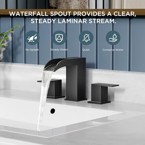 QFN Waterfall Bathroom Faucet 3 Hole 8 inch Widespread Matte Black 2 Handle | Bathroom Sink Faucet Lead-Free with Pop-up Drain and Supply Lines, Fits 4-12 Inch 3 Hole Install, for Vanity Laundry Restroom - color: Matte Black, style: Waterfall