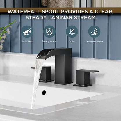 QFN Waterfall Bathroom Faucet 3 Hole 8 inch Widespread Matte Black 2 Handle | Bathroom Sink Faucet Lead-Free with Pop-up Drain and Supply Lines, Fits 4-12 Inch 3 Hole Install, for Vanity Laundry Restroom - color: Matte Black, style: Waterfall