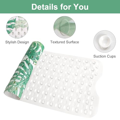 Shower Mat Non Slip, Yonala Premium Anti Slip Stylish Bath Tub Mat, 40 x 16 Inch Extra Large Bathtub Mat with Suction Cups and Drain Holes, Machine Washable - color: Green Monstera