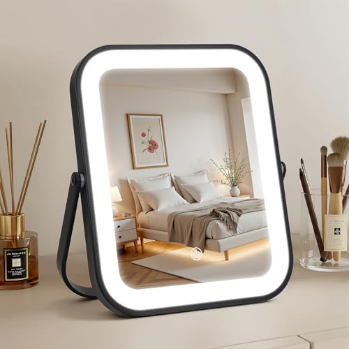 Rechargeable Vanity Mirror with Lights, 10"×8" Makeup Mirror with Lights, 1500mAH Battery, Smart Touch with 3-Color Lighting, Dimmable, HD Desk Mirror, Travel Essentials, Women Gift (Black) - color: Black, size: 10"L x 8"W