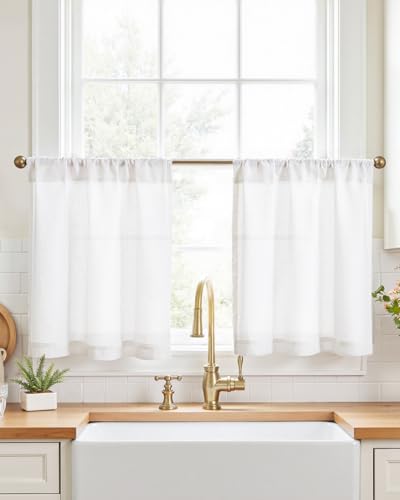 jinchan Rustic Linen Rod Pocket Tier Curtains, 26x24, 2 Panels, White | Light filtering, cafe curtains, machine washable, farmhouse, kitchen, bathrooms, laundry, small window, over sink - color: Rod Pocket | Beige White, size: 26"W x 24"L (Pack of 2)